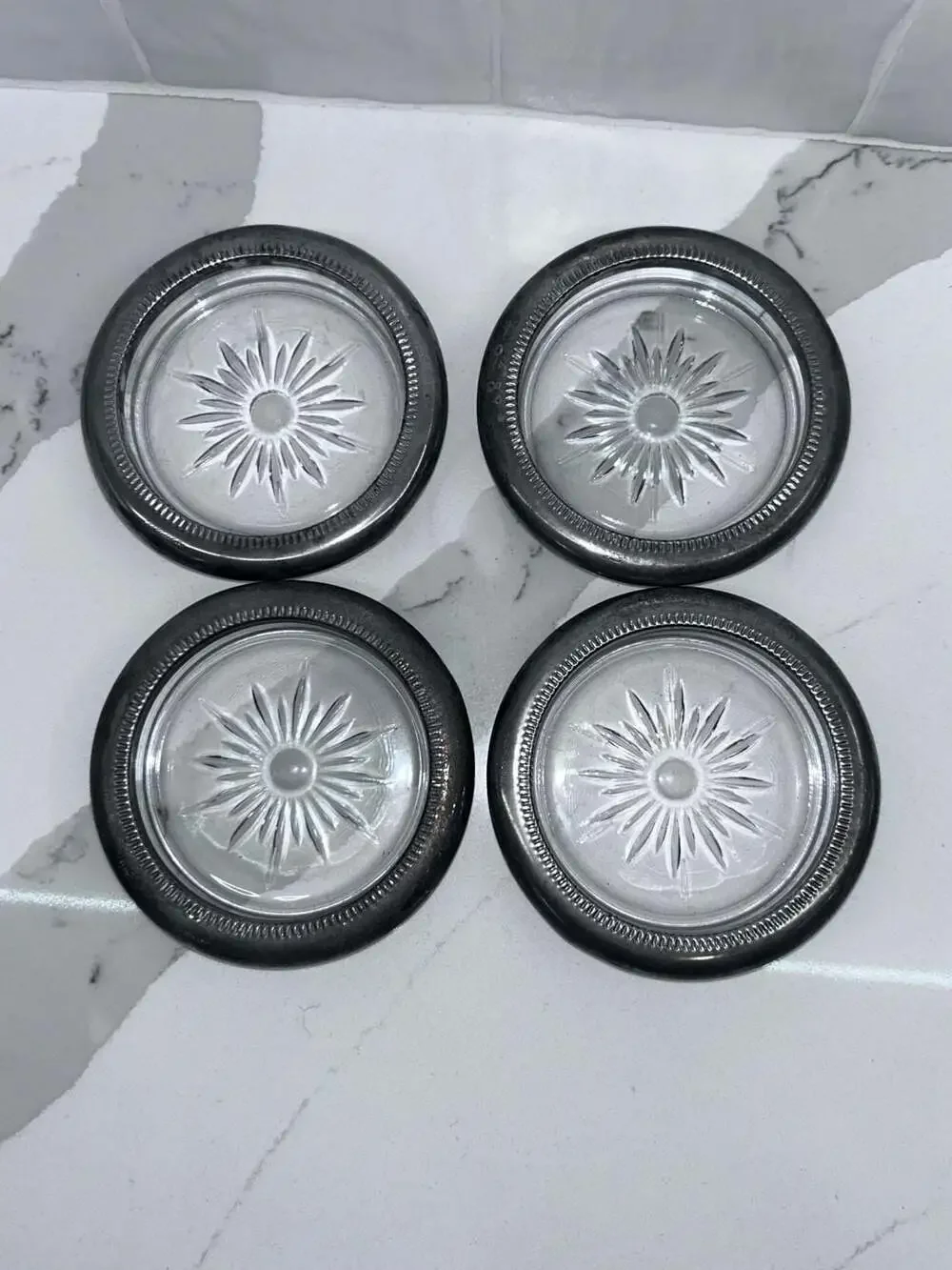 Set of 4 Leonard Italy Silver-Plated Crystal Starburst Coasters